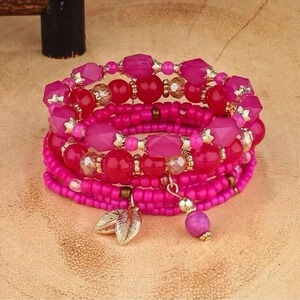 2 LEFT! Hot Pink 4pcs Leaf Charm Beaded Bracelet Set